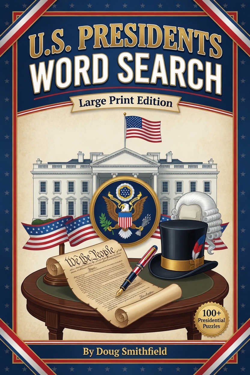 U.S. Presidents Word Search book cover — Large Print Edition with 100 puzzles